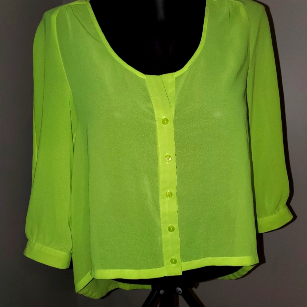 Sparkle & Fade translucent neon green shirt with open back. Summer piece.